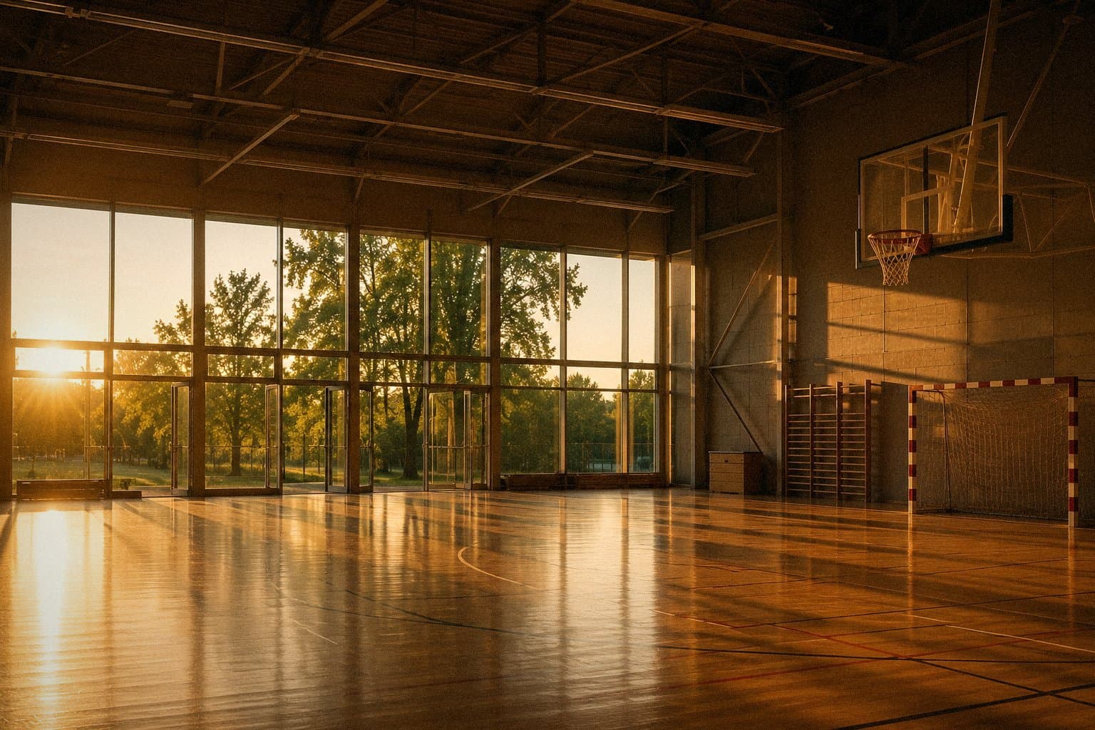 Une salle de sport vide, au lever du jour.