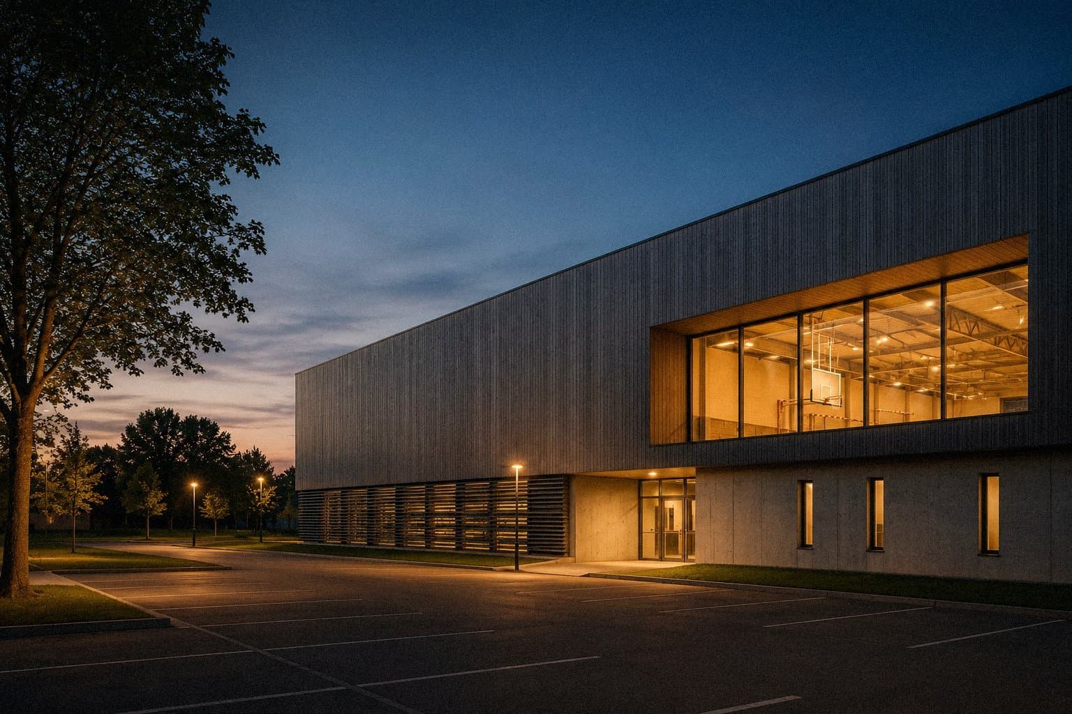 Une salle éclairée, à la tombée du jour.